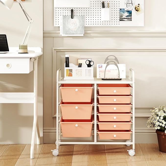 COSTWAY Rolling Storage Cart with 9 Drawer, Mobile Utility Cart with Metal Frame, Art Supply Craft Organizer, Multipurpose Storage Organizer for Paper, Office, School Teacher, Classroom, Peach