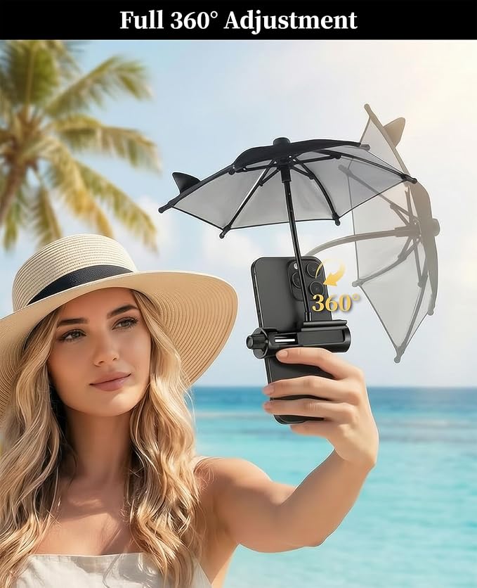 Strong Phone Sunshade Umbrella for iPhone/Android with Sturdy Clip - 360 Adjustable Mini Tanning Shade Cover - UPF 50+ UV Protection - Ultra-Lightweight &amp Compact - Black