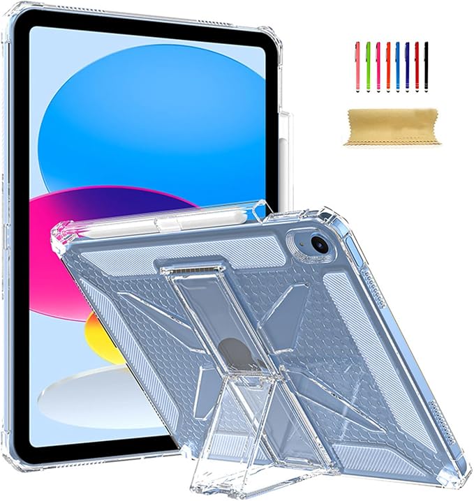 Dteck for Apple iPad 11 inch (A16 11th Gen) iPad 10.9 inch (10th Gen) Slim Clear Case with Kickstand Pencil Holder Reinforced Shockproof Corners Soft TPU Lightweight Protective Cover Transparent