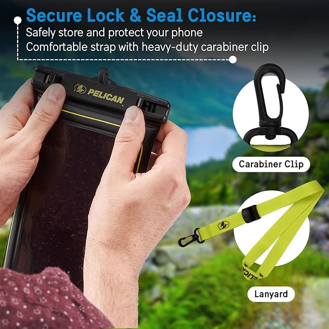 Pelican Marine - IP68 Waterproof Phone Pouch (XL Size) Floating Waterproof Phone Case - Beach Cruise Ship Travel Essentials - Works with All Phones - Detachable Lanyard - Black/Hi-Vis Yellow