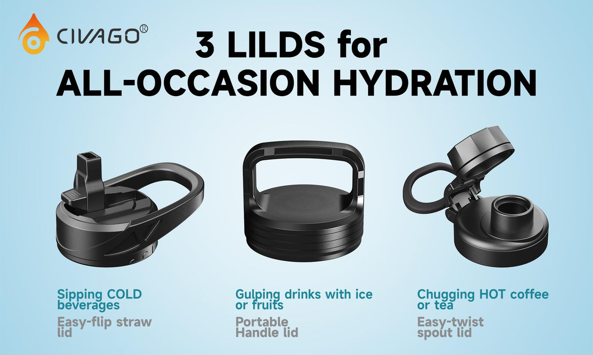 CIVAGO 40 oz Insulated Stainless Steel Water Bottle With Straw and 3 Lids