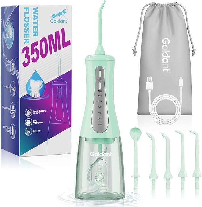 GOLDANT 350ML Water Dental Flosser Teeth Pick with Travel Bag, 5 Modes Portable Cordless Oral Irrigator Cleaner, Electric Rechargeable IPX7 Waterproof for Home Travel Teeth Cleaning flossing (Green)