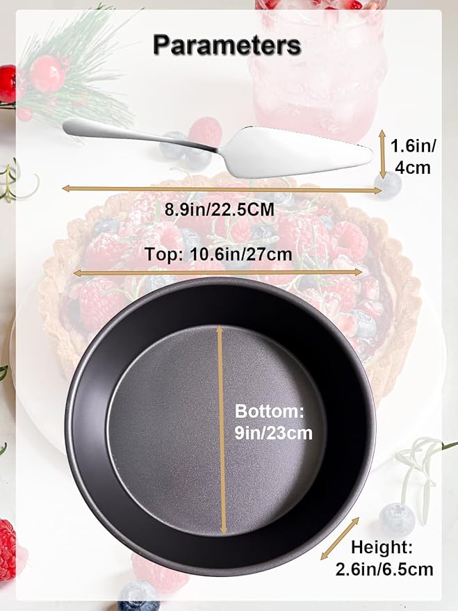 Yamteck 10×2.6 Inch Deep Pie Pan with Cake Server for Pie Tart Quiche Baking. Round Cake Pan with Non-Stick Coating, Rugged Carbon Steel. Gift for Women Wife Christmas Thanksgiving Party Festival