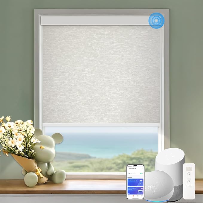 COOLWINDS Motorized Blinds with Remote Cordless Automatic Motorized Shades Custom Blinds for Windows Smart Curtains Compatible with Alexa Google Home(Blackout Jacquard Beige,W47 x H72in)