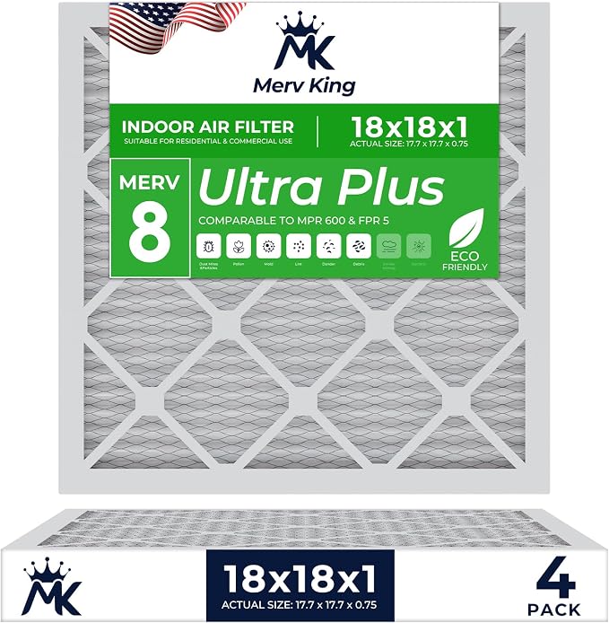 MervKing 18x18x1 Air Filter Actual Size: 17.7" x 17.7" x 0.75" MERV 8 MPR