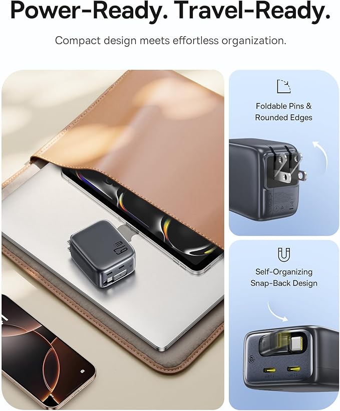 Baseus Retractable USB C Charger, 67W 3 in 1 Fast Charging Block with Foldable Plug, Enercore CJ11 PD/PPS for Galaxy S25/iPhone 17/16/15 Series/MacBook Air/Airpods 4