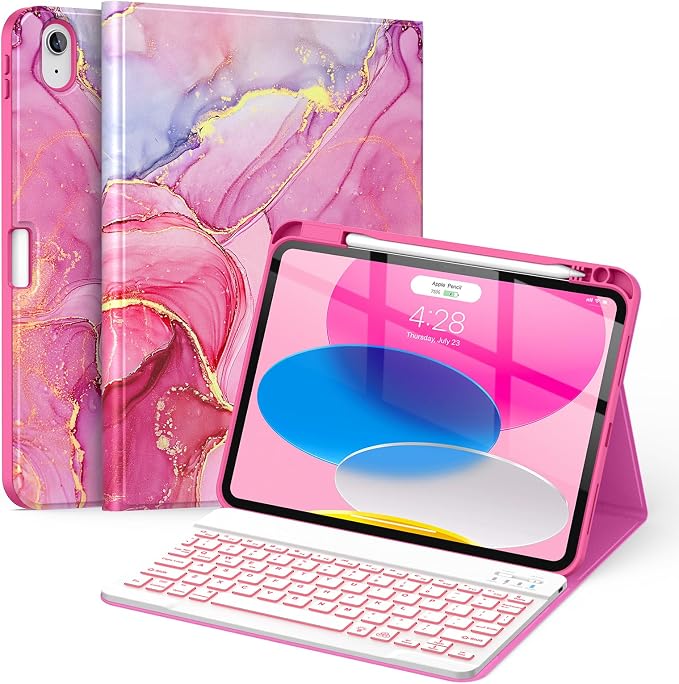 Soke for iPad (A16) 11th/10th Gen Case with Keyboard Black Marble | For iPad 11/10.9 inch(2025/2022) 7 Color Backlight Magnetic wireless Detachable Keyboard Case Built-in Pencil Holder