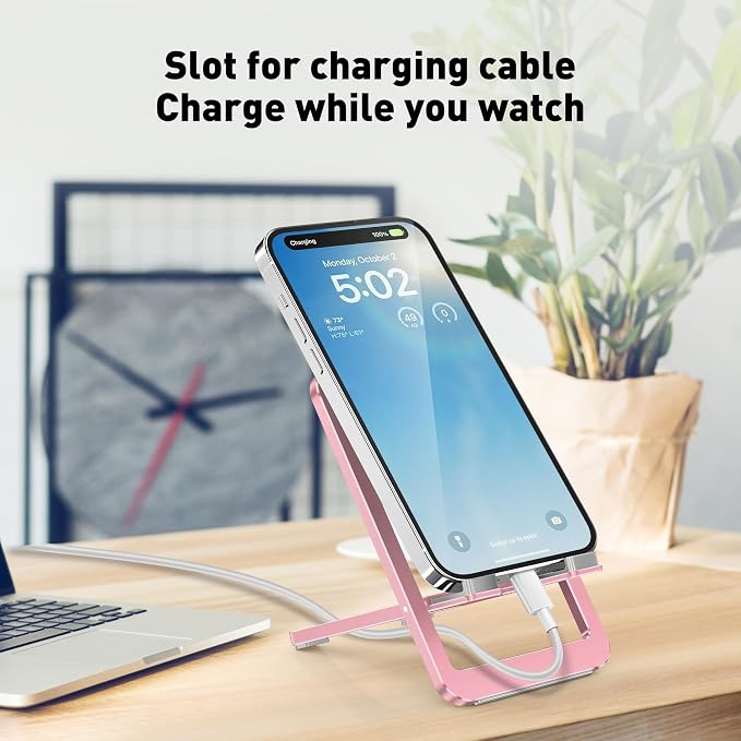 Cell Phone Stand for Desk - Foldable Aluminum Phone Holder Portable Travel Essentials Adjustable Desktop Dock for iPhone 17 16 15 14 Pro Max Android (Pink)