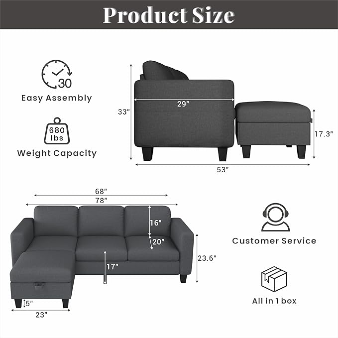 Sectional Sofa Couches for Living Room - 78''Convertible Modular Three-Seater L-Shaped Pet-Friendly Couch,Washable Sofa Cover-Bench Storage, Suitable for Small Living Room, Apartment,Office-Dark Gray