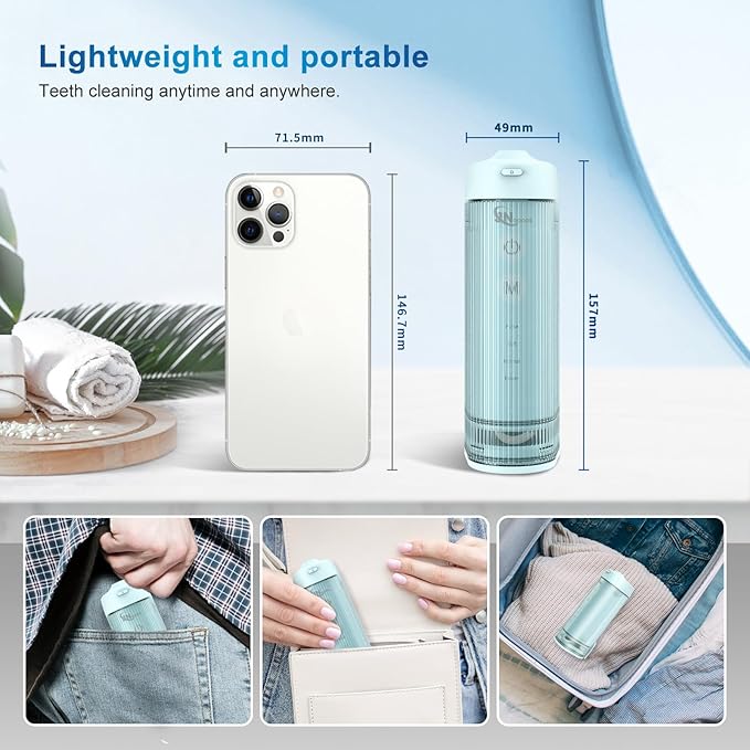 JNGOODS Mini Portable Water Flosser Oral Irrigator Water Teeth Cleaner Pick, Telescopic Water Tank, 4 Modes & IPX7 Waterproof, Home & Travel Water Flossers for Teeth, Braces Bridges Care. (Pearl Blue)