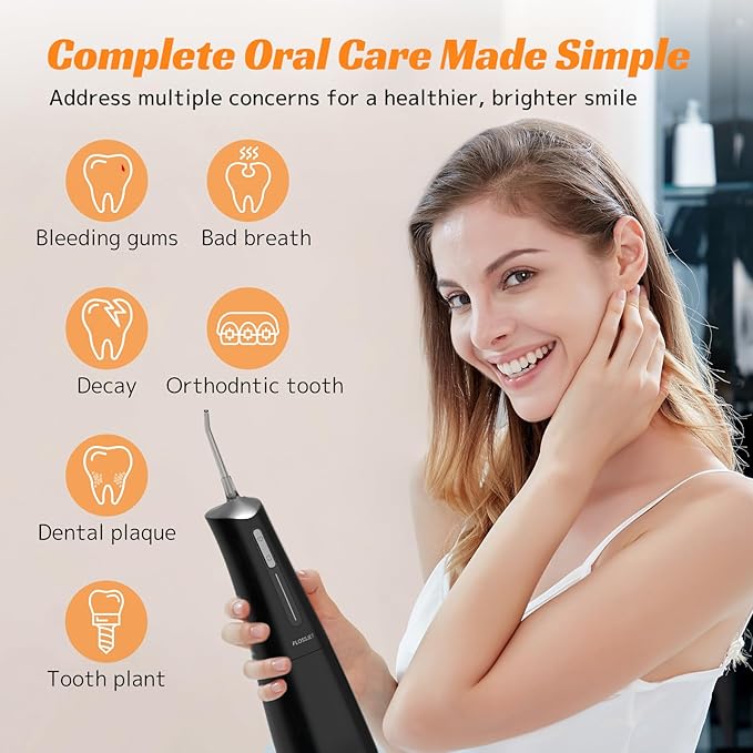 FlossJet Water Dental Flosser Cordless Oral Irrigator with 300ml 5 Tips 4 Modes USBCharger Portable Travle Irrigation Cleaner IPX7 Electric Irrigador Dental for Teeth Cleaning (Black)