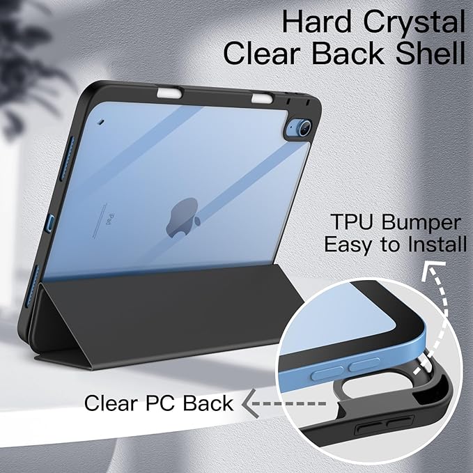 JETech Case Cover for iPad (A16) 11th/10th Gen Black | For 2025/2022 Model Clear Transparent Back Pencil Holder Slim Shockproof Tri-Fold Stand Auto Wake/Sleep
