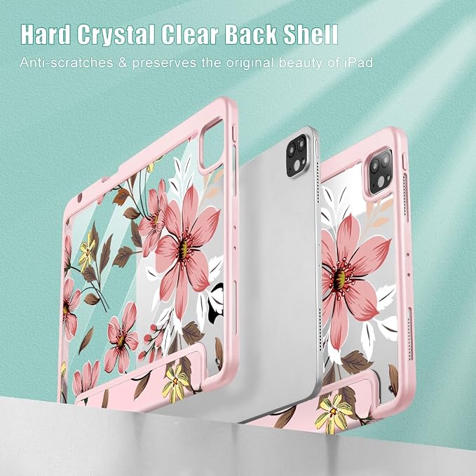 Mektron Case for iPad Pro 11 inch Case M2 2022 Generation 4th Fit 2021 2020 2018 iPad Pro 11 (3rd 2nd &amp 1st Gen) -Buit in Pencil Holder with Shockproof Cover Clear Shell Blue Bows &amp Flower