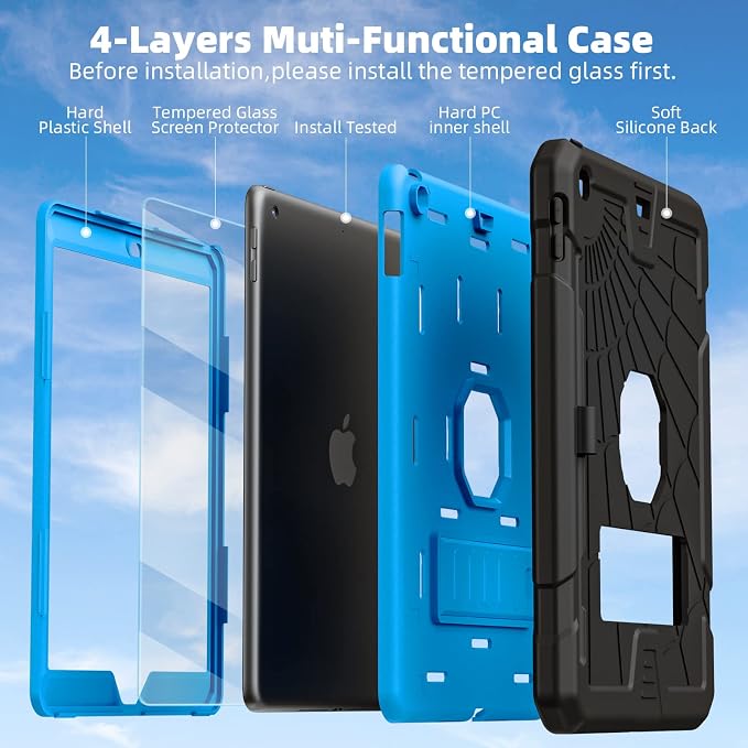 TSQQST iPad 9.7 Case 6th/5th Gen 2017 2018 for Kids Boys Girls | Tempered Glass Screen Protector Pencil Holder &amp Stand Heavy Duty Shockproof Rugged Protective Red+Blue