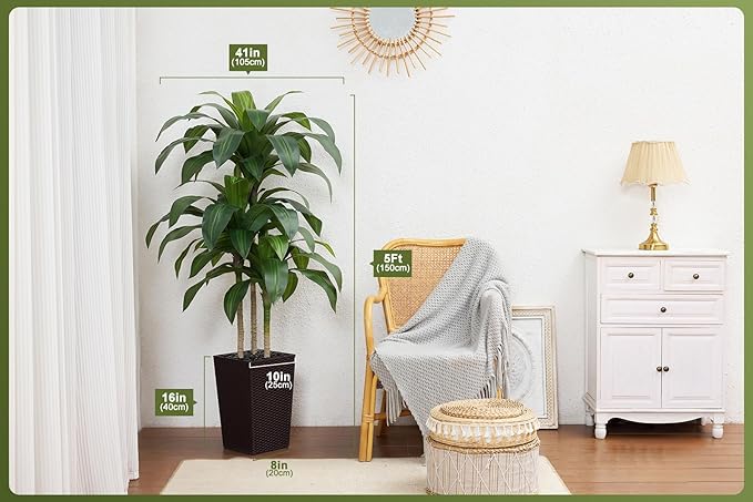Artificial Dracaena Tree 5FT - Fake Tree with Brown Taper Planter & Pebbles - UV Resistant Faux Yucca Tropical Plant - Artificial Trees for Home Office Living Room Decor Indoor Outdoor