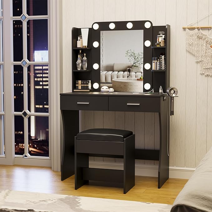 Maupvit Vanity Desk with Mirror and Lights,Makeup Vanity Table Set with Power Outlet,3 Lighting Modes & Adjustable Brightness Dressing Table with 2 Drawers for Bedroom Dressing Room,Black