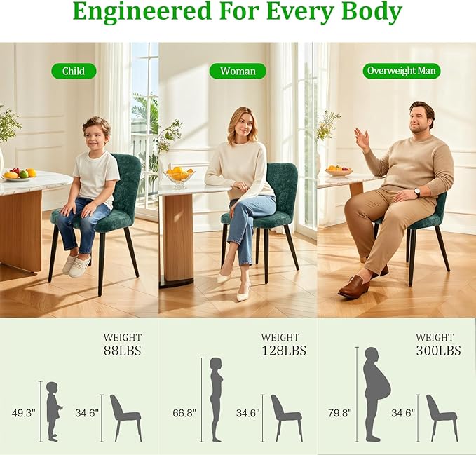 Upholstered Dining Chairs Set of 8, Mid Century Modern Fabric Dining Room Chair High-Back Padded Kitchen Chairs with Padded Seat and Metal Legs for Kitchen Dining Room Restaurant Cafe, Green