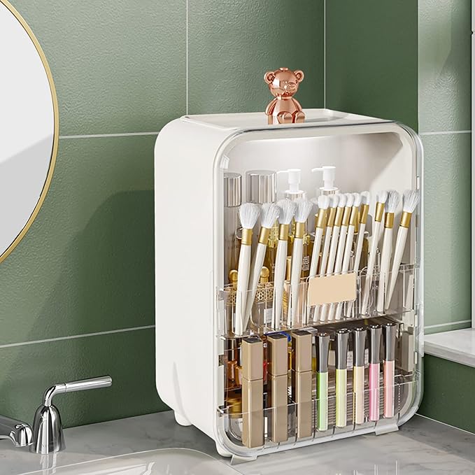 Ergocar Portable Pink Bear Series Multi-Function Make Up Case Dustproof Cosmetic Storage Box, Cosmetics Skin Care Products Jewelry Organizer Case Lipstick Box With LED Light - White