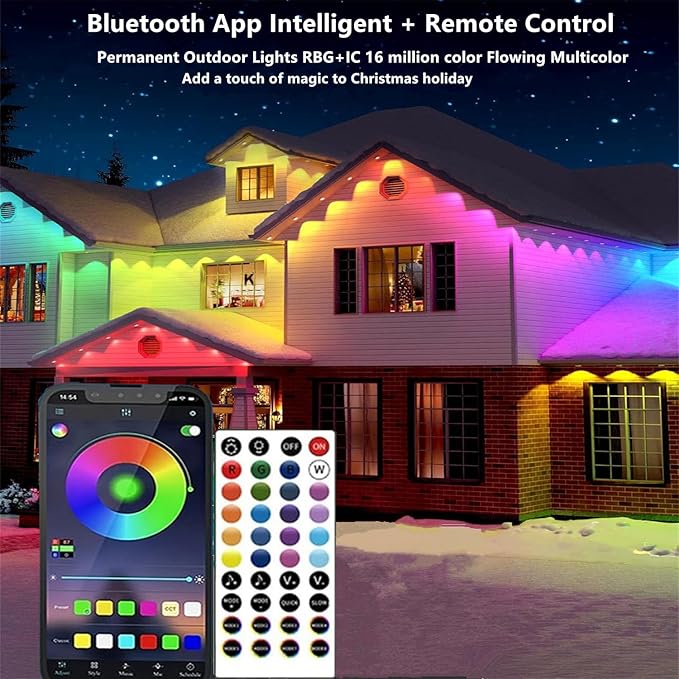 Permanent Outdoor Lights,200ft RGB + IC Smart LED Eaves Lights with App & Remote Control, IP67 Waterproof,for Christmas and All Holiday Decor,Daily and Accent Lighting,House Roof and Garden Lighting