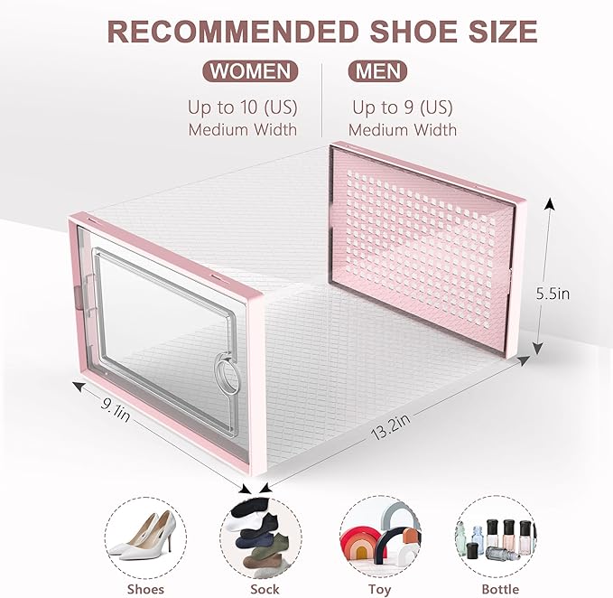 Kuject Shoe Organizers Storage Boxes for Closet, 12 Pack Clear Plastic Stackable Storage Bins with Lids, Under Bed Shoe Containers for Entryway, Drop Front, Fit up to Women's Size 10,Pink