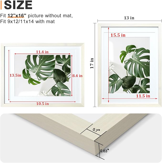 Egofine 12x16 Picture Frame Made of Solid Wood with Plexiglass, Display Pictures 9x12/11x14 with Mat or 12x16 Without Mat for Wall Mounting, Beige