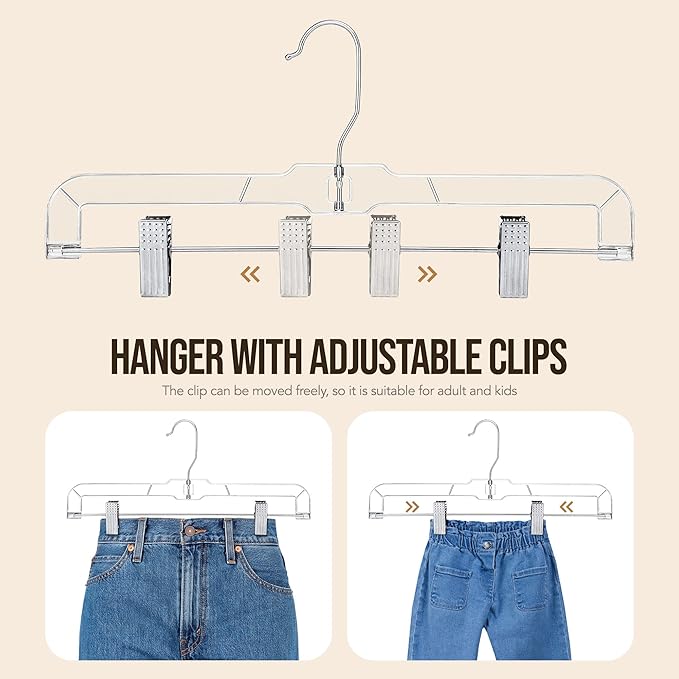 HOUSE DAY Clear Pants Hangers with Clips 12 Pack, Plastic Skirt Hangers for Women, 14 Inch Clip Hanger for Pants, Skirts, Jeans, Shorts, Legging, with 360-degree Swivel Hook, 2 Adjustable Clips