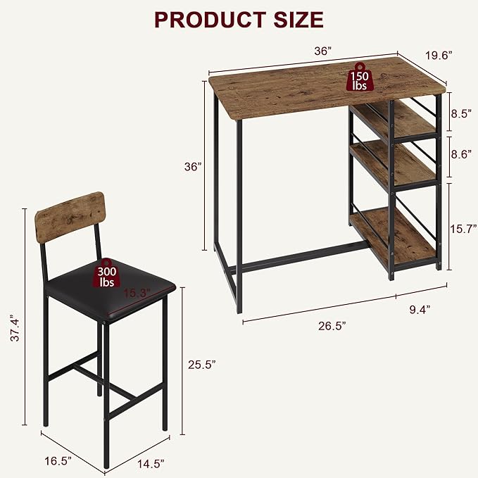 GAOMON Rustic Brown 3-Piece Counter Height Bar Kitchen Table Set with 3 Storage Shelves for Small Spaces, Apartment, Dining Table and 2 Upholstered Bar Height Chairs