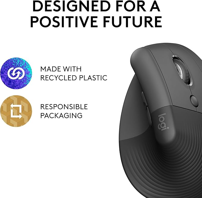 Logitech Lift Vertical Ergonomic Mouse, Wireless, Bluetooth or Logi Bolt USB Receiver, Quiet clicks, 4 Buttons, Compatible with Windows/macOS/iPadOS, Laptop, PC - Graphite (Renewed)