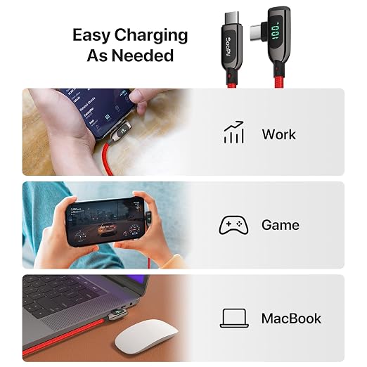 SOOPII 100W Right Angle USB C to USB C Cable2-Pack 1FT Zinc Alloy Case Nylon Braided Type-C Cable with LED Display for lPad Mini/Air/ProMacBook ProSamsung S23/S22/S10PixelLG(0.3mBlack)