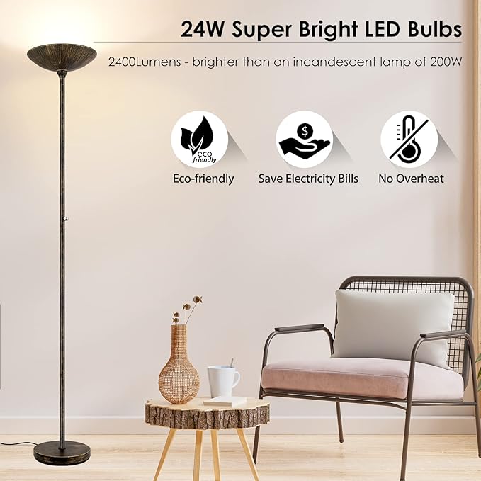 BoostArea Torchiere Floor Lamp Antique Bronze, 24W Super Bright LED Standing Lamp, 3000K Dimmable Pole Lamp with Rotary Switch, 70 Inch Tall Metal Modern Floor Lamps for Living Room/Bedroom/Office/Den