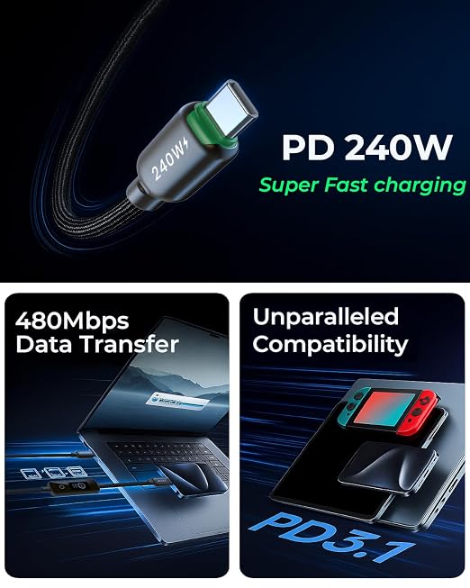 LITO 240W USB C to USB C Cable with TFT Touch Screen PD 3.1 EPR Braided Fast Charging Cord for Power Monitoring Compatible with iPhone 17/16/15 MacBook Laptop Galaxy Pixel Steam Deck 4FT