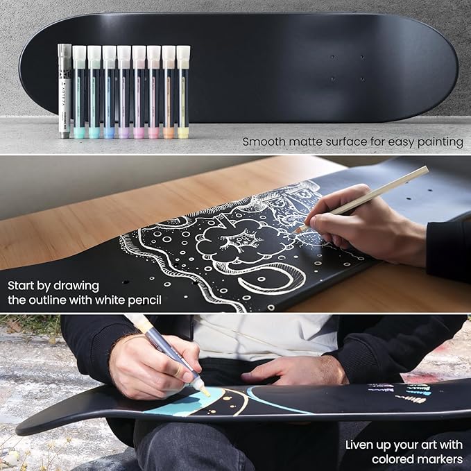 ARTEZA Customizable Skateboard Deck Art Kit – 31"x8" Matte Coated Maple Deck with Display Mount, Chrome Marker, White Pencil, Oil-Based Paint Markers & More