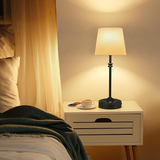 ONEWISH Cordless Table Lamps Set of 2 - Battery Powered Lamp, 4000mAh Rechargeable, Stepless Dimmable, Wireless Lamp with Fabric Shade, Warm Ambient Light for Bedside, Dining, Patio, Bathroom(Black)
