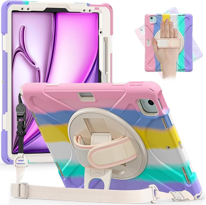 Batianda VortiGrip Case for iPad Air 11 M2/M3/M4 2024-2026 Colorful Blue | Heavy Duty Triple-Layer Rugged Case with 360° Rotating Hand Strap Foldable Hidden Stand Shoulder Strap and Pencil Holder