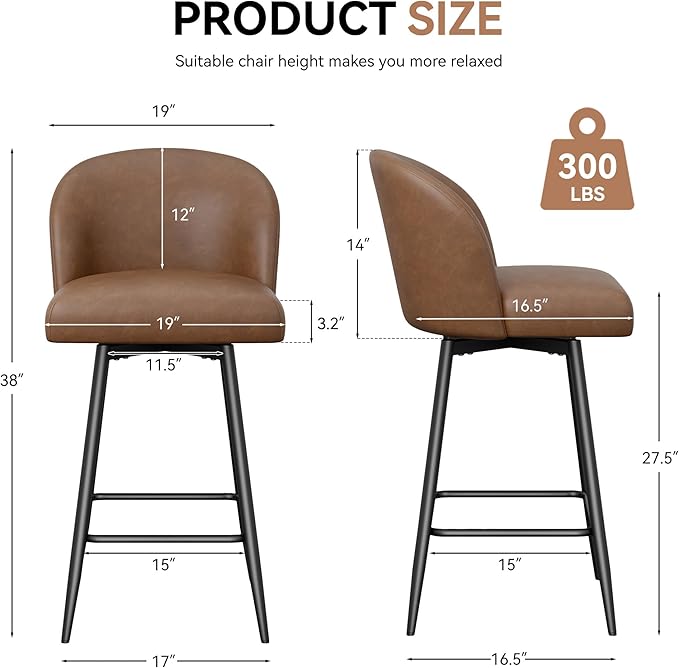Counter Height Bar Stools Set of 2,360° Swivel Barstools with High Back and Metal Legs,26" Seat Height, Upholstered PU Leather Bar Chairs for Kitchen Island, Dining Room,Cafes,Brown