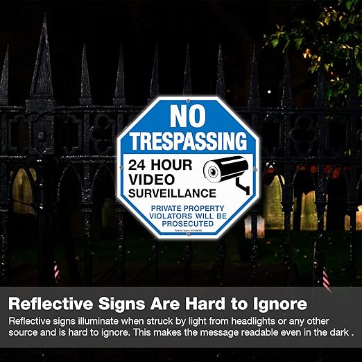 4-Pack No Trespassing Sign Private Property Protected By Video Surveillance Violators Will Be Prosecuted Sign, 10 x 10 Inch Reflective Aluminum, UV Protected, Weather/Fade Resistant, Easy to Install