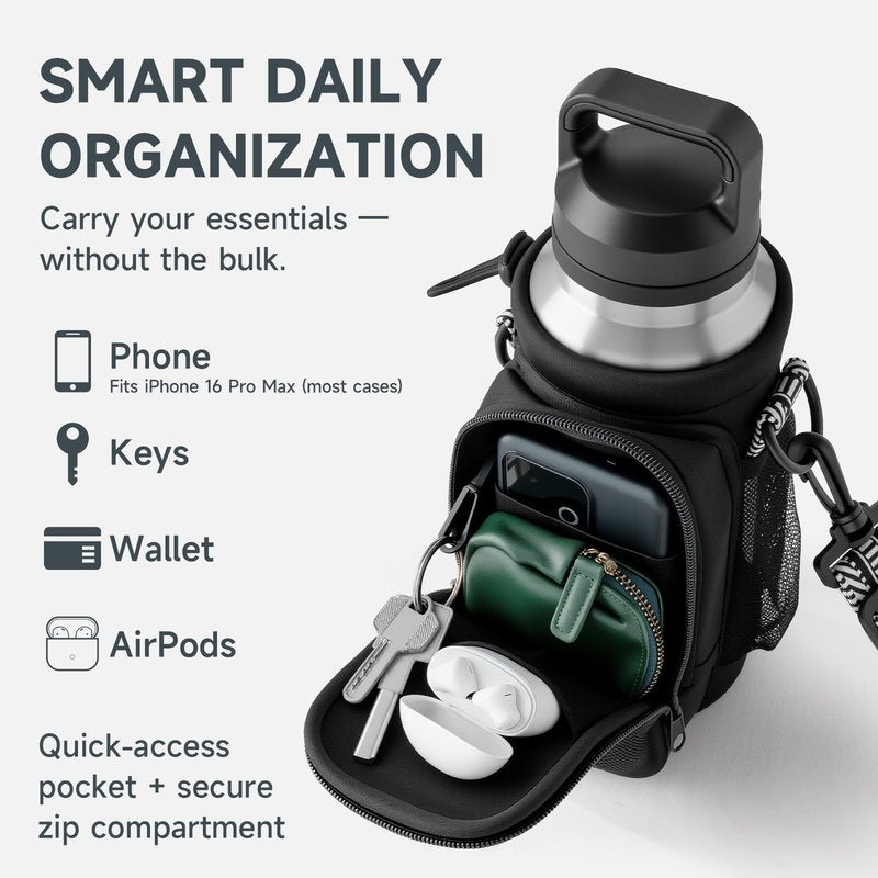 TANAAB Water Bottle Holder with Strap, Neoprene Crossbody Carrier, Phone Pocket, 1.46" Wide Strap, Fits 24-40oz