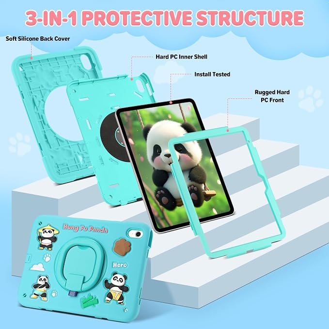 Case for iPad A16 11th Generation 11 Inch 2025 iPad 10th Generation 10.9 Inch 2022 Silicone 3D Panda Design Kids Case Heavy Duty Protection with Kickstand/Pencil Holder/Strap