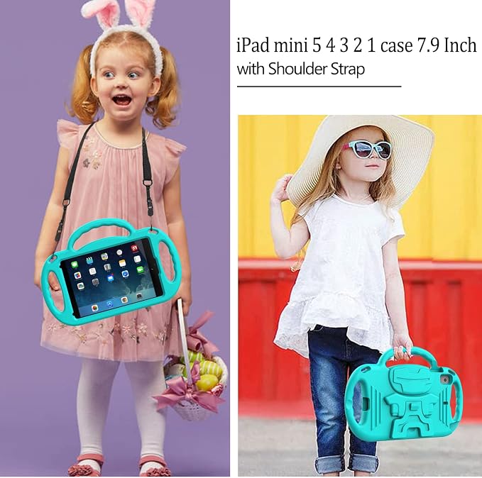 LTROP Kids Case for iPad Mini 5/4/3/2/1 7.9 Inch Case with Shoulder Strap Shockproof Handle Kickstand for iPad Mini 5th/4th/3rd/2nd/1st Generation for Kids Toddler Boys Girls Blue