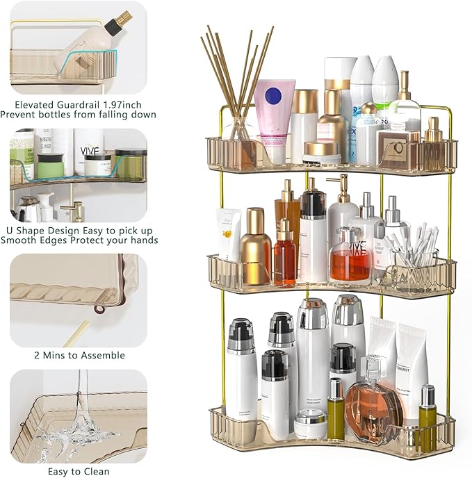 Webetop Countertop Bathroom Organizer 3 Tier Corner Organizer for Bathroom Counter Storage Makeup Organizer Shelf for Skincare, Cosmetic, Dresser, Toiletries Amber