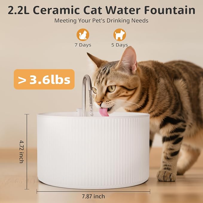 Ceramic Cat Water Fountain, 2.2L/74oz Pet Water Fountain