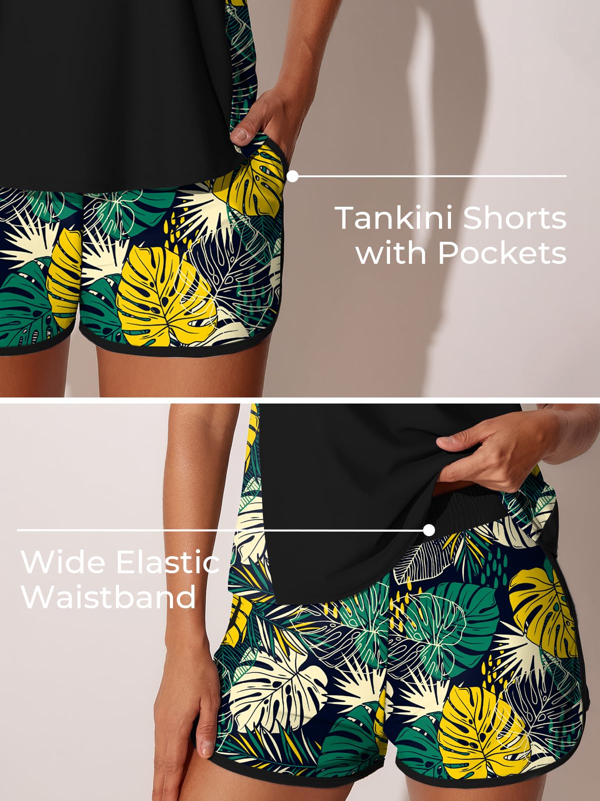 Summer Mae Blouson Tankini Swimsuits for Women 2026 Tummy Control Two Piece Bathing Suits with Sporty Pockets Swim Shorts Yellow Green Monstera Size 16