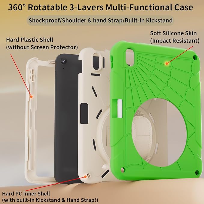 for iPad (A16) 11th/10th Generation Case 2025/2022 (11″/10.9″) Sturdy Heavy Duty Full-Body Shockproof Protective Case Rotating Stand Hand/Shoulder Strap (Black)
