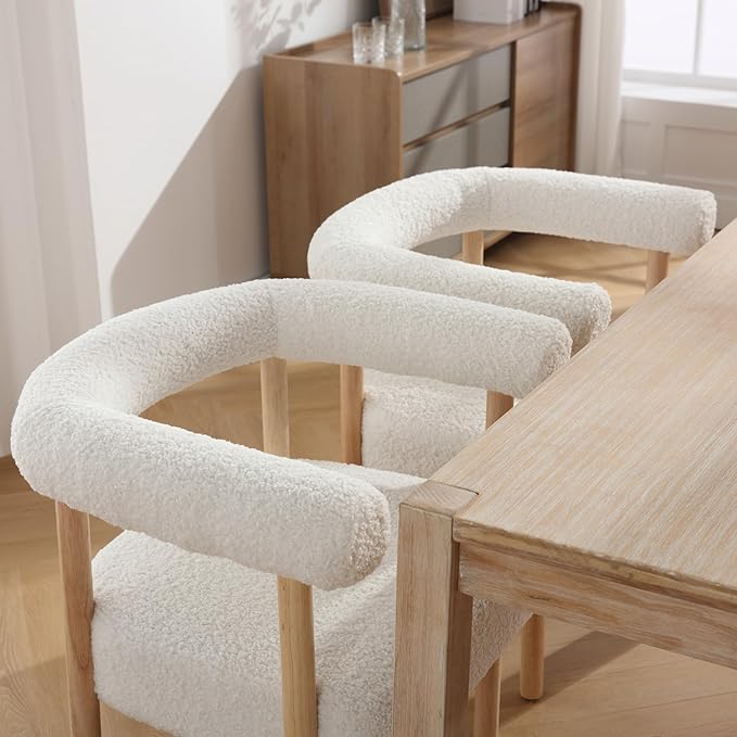 Mid-Century Modern Dining Chairs Set of 2 Armrest Barrel Dining Chairs Side Chairs with Curved Back, Upholstered Wood Armchairs for Kitchen, Sherpa White