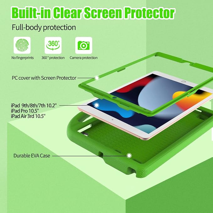 Kids Case for iPad 10.2 &amp 10.5 iPad 9th/8th/7th Generation 10.2 2021 2020 2019 Case with Screen Protector iPad Air 3rd Gen/Pro 10.5 inch Protective Cover with Handle Stand Black
