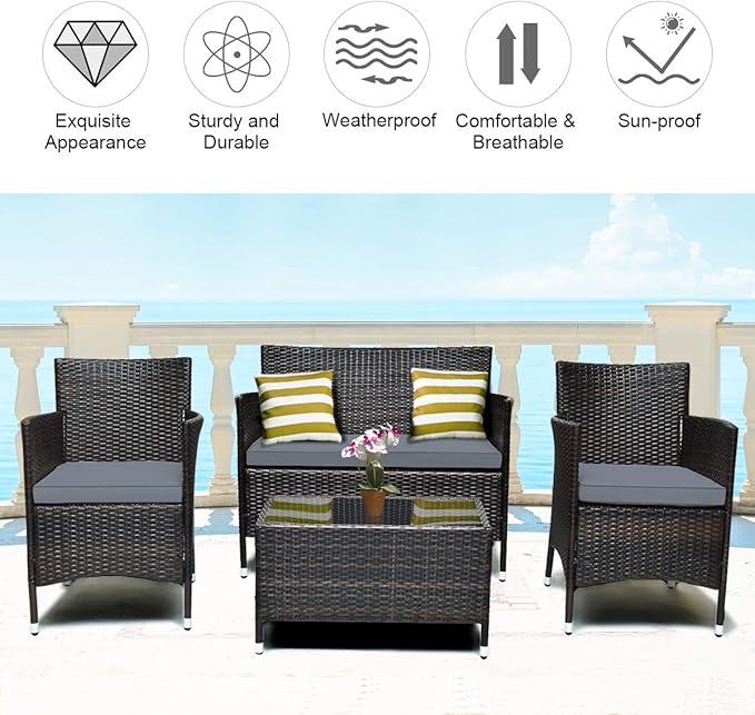 Tangkula 8 PCS Patio Rattan Conversation Set, Outdoor Wicker Furniture Set with Tempered Glass Coffee Table &Thick Cushion, Rattan Chair Wicker Set for Garden, Lawn, Poolside and Backyard (2, Gray)