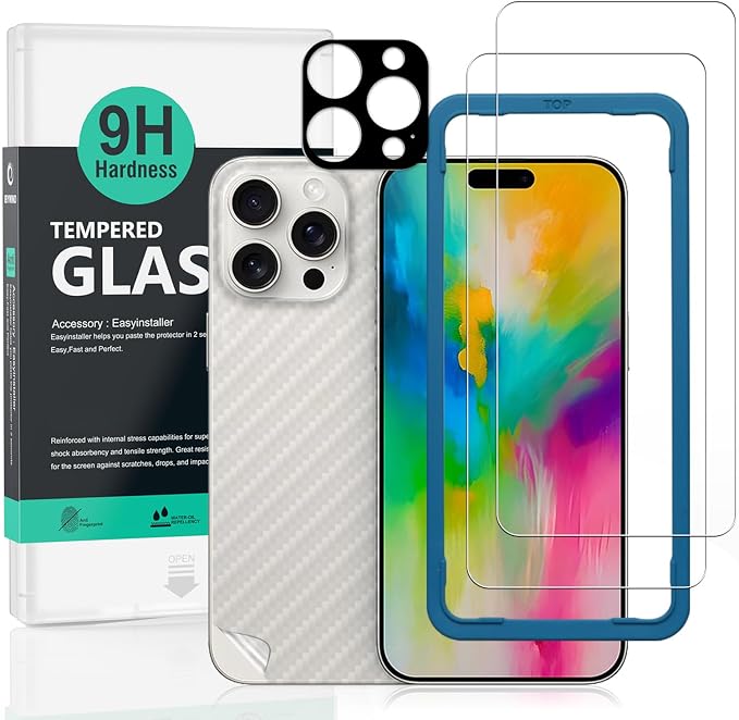 Ibywind 2 Pack Screen Protector Compatible With Apple iPhone 16 5G 6.19H Hardness Tempered GlassWith 1Pc Camera Lens Protector1Pc Back Carbon Fiber Film