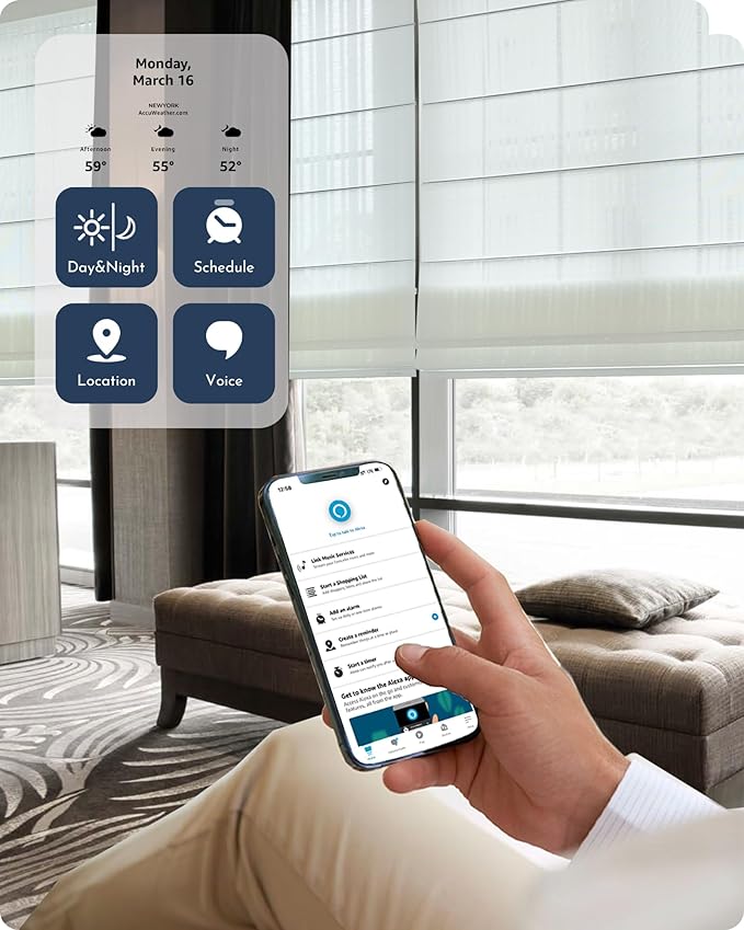 Graywind Smart Natural Roman Shades Compatible with Alexa Google Rechargeable Light Filtering Motorized Blinds with Remote Plain Fold for Doors Bedroom, Custom Size (Strip White)