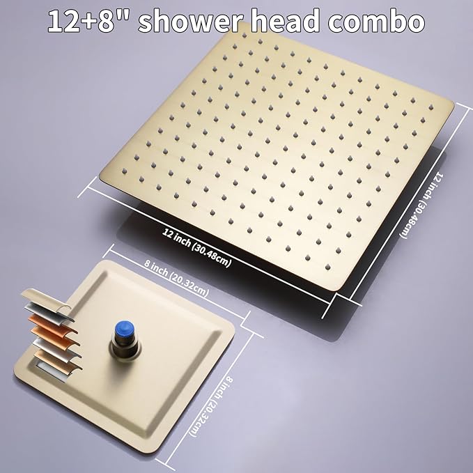 KATAIS Shower Faucet Set Brushed Gold Shower System, Temperature Display Shower Faucet with 12 inch Ceiling Mount and 8 inch Wall Mount Shower Head, with 6 PCS Body Jet and Handheld Spray