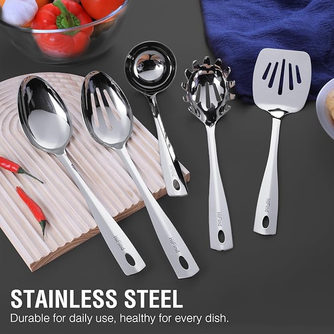 HIFIND Stainless Steel Cooking Utensils Set, 5PCS Kitchen Utensils Set, Durable Kitchen Gadgets, Ladle, Slotted Turner, Slotted Serving Spoon, Solid Serving Spoon, Pasta Fork